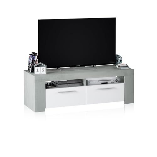 Habitdesign, moderner TV-Schrank mit Stauraum – Fernsehmöbel in Arktisweiß und Zementgrau, ideal für Wohnzimmer oder Medienbereich, Maße: 120 x 40 x 42 cm (B x H x T), Modell Ambit von Habitdesign