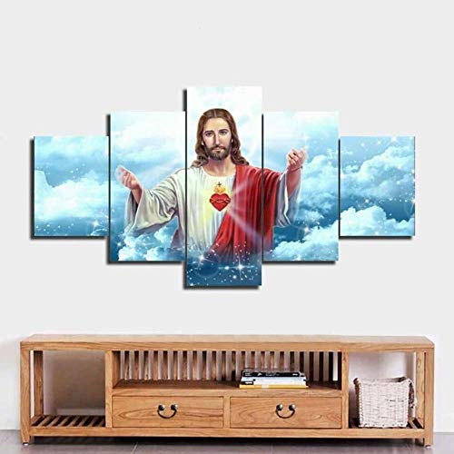 13Tdfc Bilder 150X80Cm Vlies Leinwandbild 5 TLG Kunstdruck Modern Wandbilder XXL Wanddekor Design Wand Bild -Katholischer Gott Christus Jesus Rotes Herz Religion - Kunstdruck XXL 5 Teilig von 13Tdfc