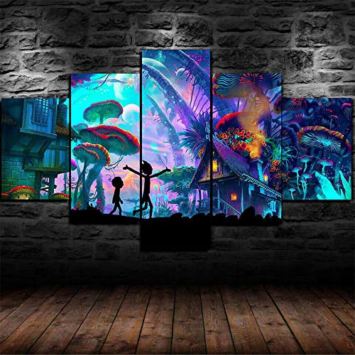 13Tdfc Mit Rahmen Vlies Leinwanddrucke 5 Teilig Kunstdruck Leinwand Bild XXL Format Wandbilder Wohnzimmer Wohnung Deko 150X80Cm，Gerahmter Rick Und Morty Pilz Trippy Geschenk von 13Tdfc