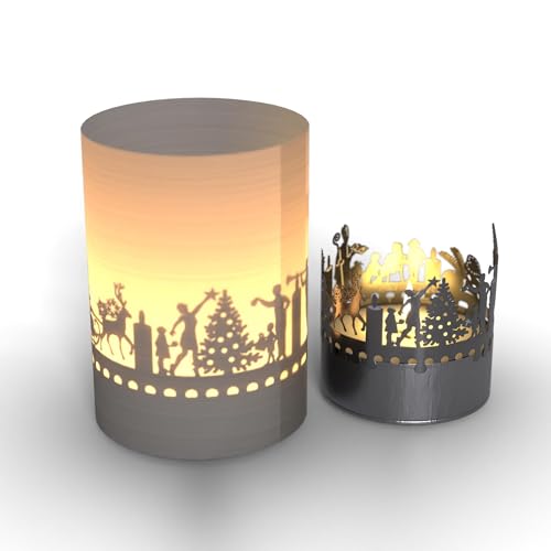 Advent Windlicht Schattenspiel in der Geschenk-Box, 3D Edelstahl Aufsatz für Kerze inkl. Kerze, Projektionsschirm von 13gramm