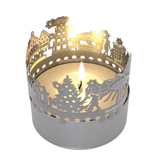 13gramm Weihnachsmarkt Windlicht Schattenspiel Geschenk, 3D Edelstahl Aufsatz für Kerze inkl. Karte von 13gramm