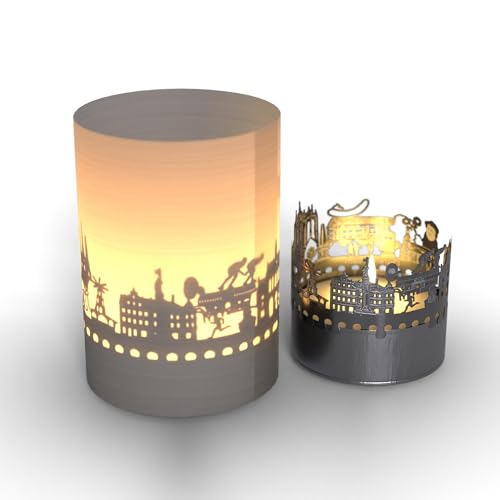 Erfurt-Skyline Windlicht Souvenir in der Geschenk-Box, 3D Edelstahl Aufsatz für Kerze inkl. Kerze, Projektionsschirm von 13gramm