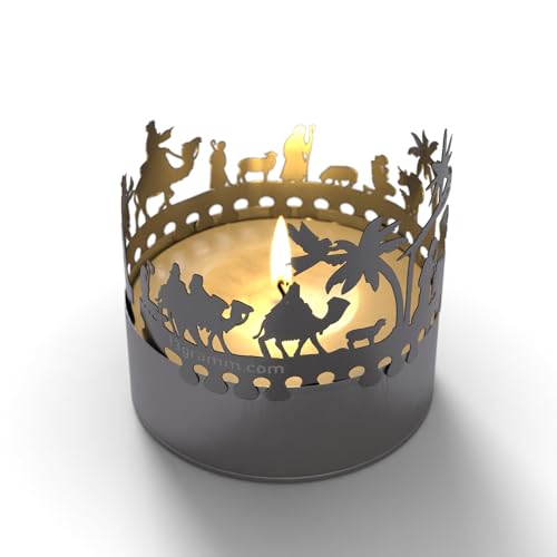 Krippe Orient Windlicht Schattenspiel Geschenk, 3D Edelstahl Aufsatz für Kerze inkl. Karte von 13gramm