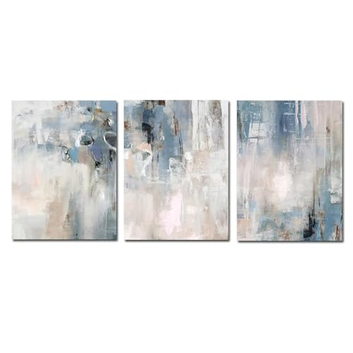 18meng Art Abstrakte Bilder Leinwand 3 Teilig Leinwandbilder Blau Weiß Marmor Bilder Wohnzimmer Wanddekoration Modern Kunstdrucke für Aufhängefertig (A+B+C,60x80cm) Goldener Rahmen von 18meng Art