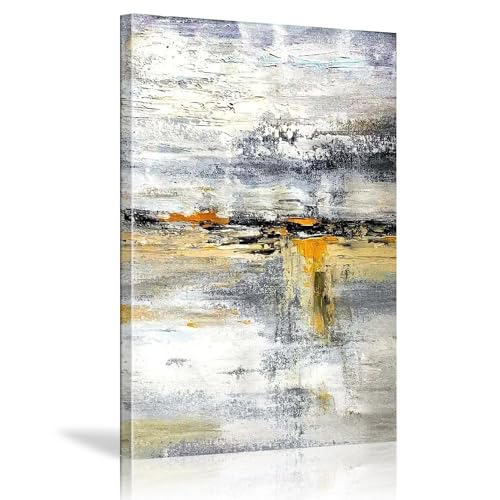 18meng Art Abstrakte Bilder Leinwand XXL 140x80 cm 1 Teilig Leinwandbilder Grau Weiß Gelb Bild auf Leinwand Wandbild Modern Abstrakt Bilder Wanddeko WWohnzimmer Schlafzimmer Mit Rahmen von 18meng Art