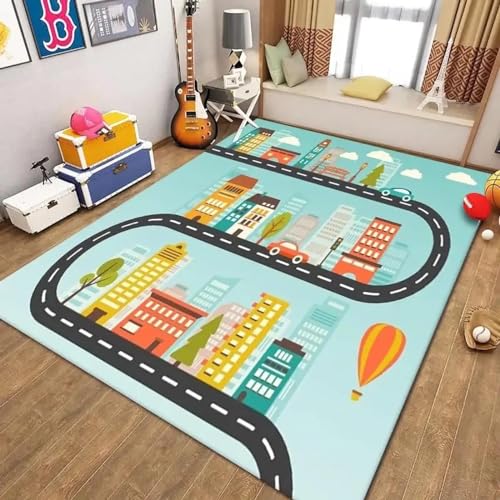 18meng Art Autoteppich Kinder Spielteppich straße 100x140 cm Straßenteppich Junge Mädchen für Schlafzimmer & Spielzimme rutschfest Waschbare Kinderteppich Spielmatte Pädagogischer Dekor Tepich von 18meng Art