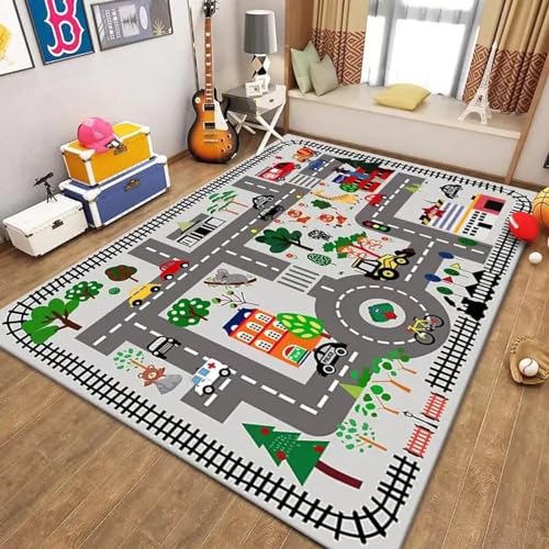 18meng Art Autoteppich Kinder Spielteppich straße 120x180 cm Straßenteppich Junge Mädchen für Schlafzimmer & Spielzimme rutschfest Waschbare Kinderteppich Spielmatte Pädagogischer Dekor Tepich von 18meng Art