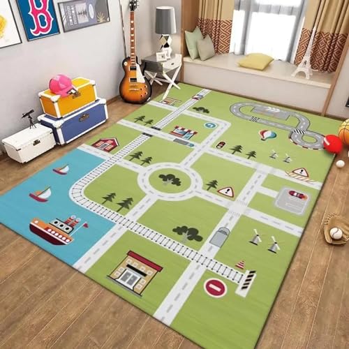 18meng Art Autoteppich Kinder Spielteppich straße 120x210 cm Straßenteppich Junge Mädchen für Schlafzimmer & Spielzimme rutschfest Waschbare Kinderteppich Spielmatte Pädagogischer Dekor Tepich von 18meng Art