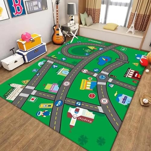 18meng Art Autoteppich Kinder Spielteppich straße 120x210 cm Straßenteppich Junge Mädchen für Schlafzimmer & Spielzimme rutschfest Waschbare Kinderteppich Spielmatte Pädagogischer Dekor Tepich von 18meng Art