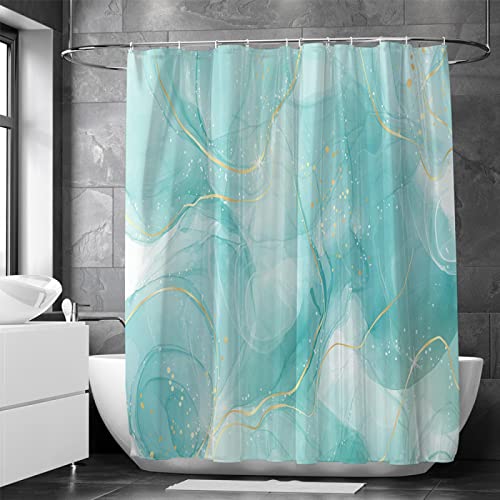 18meng Art Blau Gold Marmor Duschvorhang 280x200cm Modern Abstrakt Blau Gold Weiß Marmor Optik Textur Waschbar Bad Duschvorhänge Polyester Textil Wasserdicht Duschvorhang für Badewanne mit 12 Hake von 18meng Art