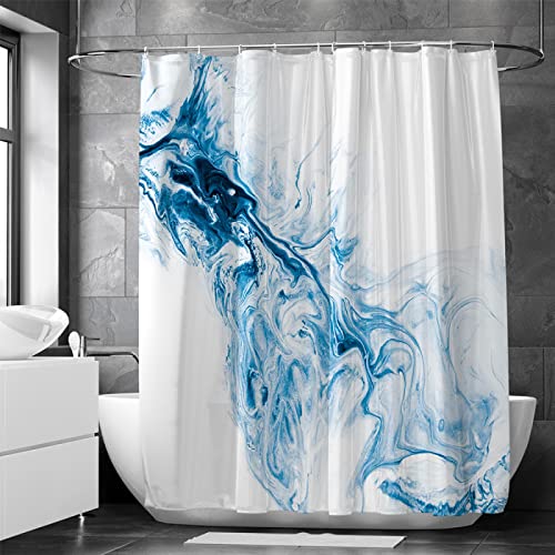 18meng Art Blau Weiß Duschvorhang 140x220cm Klein Blau Marmor Optik Marmoriert Duschvorhänge Anti Schimmel Wasserdicht Polyester Stoff Waschbar Bad Vorhang mit Haken für Badezimmer von 18meng Art