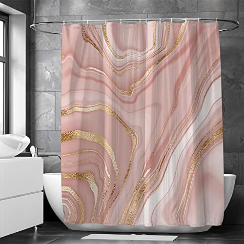 18meng Art Duschvorhang 200x180cm Rosa Gold Duschvorhänge Marmor Optik Abstrakte Shower Curtain Anti Schimmel Wasserdicht Polyester Stoff Waschbar Blickdicht Bad Vorhang mit Haken für Badezimmer von 18meng Art