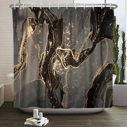 18meng Art Duschvorhang braunes Gold 280x180 cm Modern Abstrakt Marmor Optik Textur Farbverlauf Kuns Wasserdicht Duschvorhänge Polyester Stoff Waschbar Bad Vorhang mit 12 Haken von 18meng Art