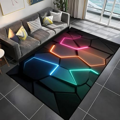 18meng Art Gaming Teppich Moderne Tech Style Gamer Teppich rutschfeste Waschbarer Bunt 3D Visual Cool Line Decorative Carpet für Gamer Jungen Teen Schlafzimmer Spielzimmer Dekor (Farbe1, 140x200cm) von 18meng Art