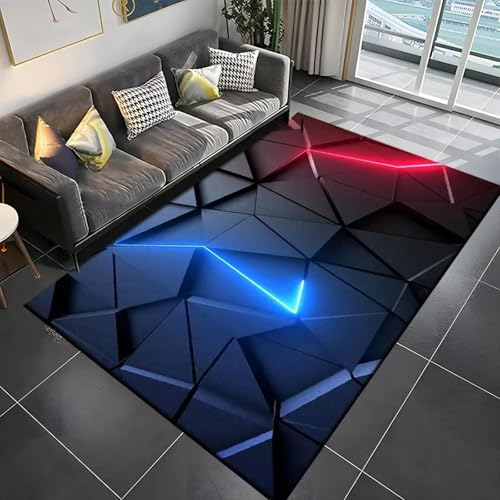 18meng Art Gaming Teppich Moderne Tech Style Gamer Teppich rutschfeste Waschbarer Bunt 3D Visual Cool Line Decorative Carpet für Gamer Jungen Teen Schlafzimmer Spielzimmer Dekor (blau rot, 120x210cm) von 18meng Art
