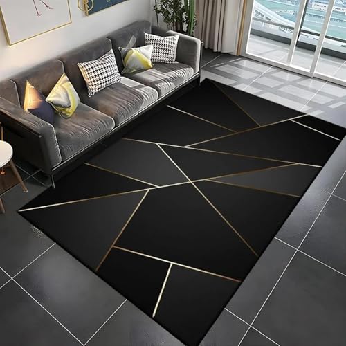 18meng Art Gaming Teppich Moderne Tech Style Gamer Teppich rutschfeste Waschbarer Bunt 3D Visual Cool Line Decorative Carpet für Jungen Teen Schlafzimmer Spielzimmer Dekor (Schwarz Gold, 120x160cm) von 18meng Art