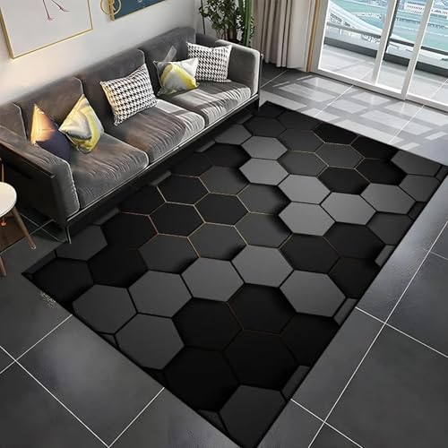 18meng Art Gaming Teppich Moderne Tech Style Gamer Teppich rutschfeste Waschbarer Bunt 3D Visual Cool Line Decorative Carpet für Jungen Teen Schlafzimmer Spielzimmer Dekor (Schwarz Grau, 90x180cm) von 18meng Art