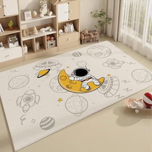 18meng Art Kinderteppich Universe Planet Astronaut Wohnzimmerteppich 140 x 200 cm Beige Teppich Jungen und Mädchen Spielteppich Modern Weich Waschbar rutschfest Teppich kinderzimmer von 18meng Art