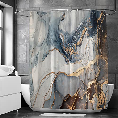 18meng Art Marmor Optik Duschvorhang 140x200cm Blaugrün Grau Marmoriert Duschvorhänge Anti Schimmel Wasserdicht Polyester Stoff Waschbar Blickdicht Bad Vorhang mit Haken für Badezimmer Duschvorhang von 18meng Art