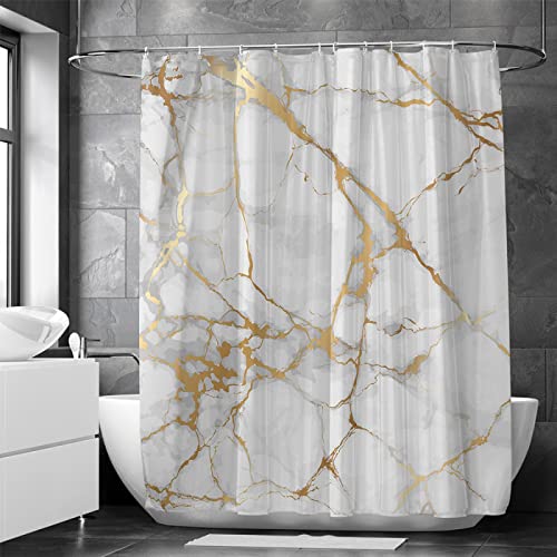 18meng Art Modern Gold Weiss Natürlich Marmor Optik Textur Waschbar Bad Duschvorhang 100x200cm Duschvorhänge Marmor Wasserdicht Polyester Textil Duschvorhang für Badewanne mit 12 Duschvorhang Hake von 18meng Art