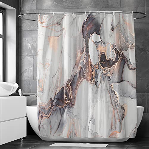 18meng Art Schwarz Gold Marmor Duschvorhang 200x220cm Modern Abstrakt Grau Schwarz Gold Marmor Optik Textur Waschbar Duschvorhänge Polyester Textil Wasserdicht Bad Vorhang für Badewanne mit 12 Hake von 18meng Art