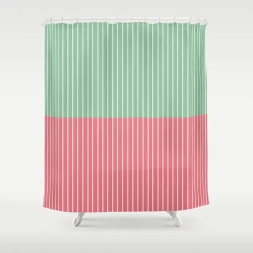 Duschvorhang 200x220 cm Grün Rot Streifen Duschvorhang Einfach Design modernes Textil Anti-schimmel Wasserdicht Waschbar Badvorhang für Badezimmer Badewannen Toilette mit 12 Haken von 18meng Art