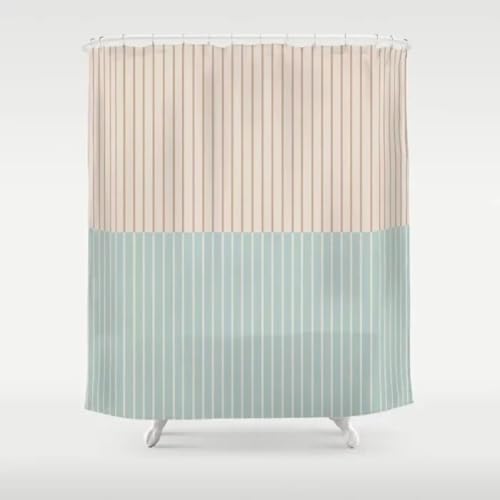 Duschvorhang 230x200 cm Grün Beige Streifen Duschvorhang Einfach Design modernes Textil Anti-schimmel Wasserdicht Waschbar Badvorhang für Badezimmer Badewannen Toilette mit 12 Haken von 18meng Art
