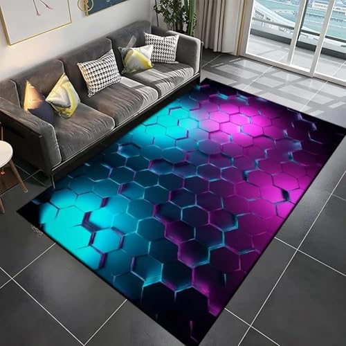 Gaming Teppich Moderne Tech Style Gamer Teppich Rutschfeste Waschbarer Bunt 3D Visual Cool Line Decorative Carpet für Gamer Jungen Teen Schlafzimmer Spielzimmer Dekor (blau lila1, 120x180cm) von 18meng Art