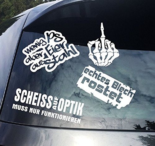 Aufkleber Set 4 Motive - Mittelfinger, Scheiss auf Optik, muss nur Funktionieren,Echtes Blech Rostet, stikcer wenig PS aber EIER aus Sathl Aufkleber Set 4 Motive - Mittelfinger, Scheiss auf Optik, muss nur Funktionieren,Echtes Blech Rostet, stikcer wenig PS aber EIER aus Sathl von 1A Style Sticker