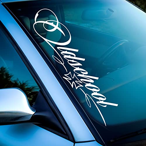 Auto Aufkleber Oldschool Oldtimer Sticker Frontscheibe Heckscheibe Tuning Iron Cross Totenkopf Würfel Folien Schriftzug Rock Punk (347 Oldschool 55cm, Silber Metallic) von 1A Style Sticker