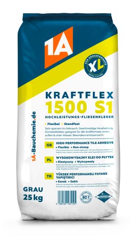 1A KRAFTFLEX 1500 S1, Hochleistungs-Fliesenkleber, Innen-, Außen & Unterwasserbereich, Dünnbettfliesenkleber. grau, 25 kg von 1A