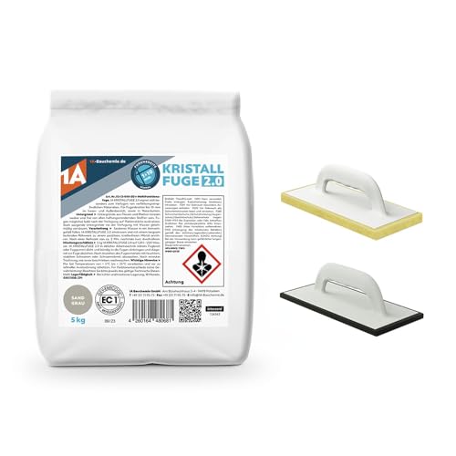 1A Kristallfuge 2.0 sandgrau 5kg + 1x Fugbrett Moosgummi + 1x Fliesenwaschbrett 30mm – Alles für präzises Verfugen und gründliche Reinigung Ihrer Fliesen in einem Set von 1A