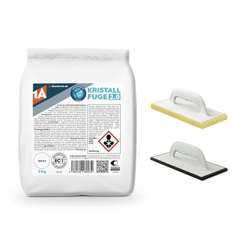 1A Kristallfuge 2.0 weiß 5kg + 1x Fugbrett Moosgummi + 1x Fliesenwaschbrett 30mm – Alles für präzises Verfugen und gründliche Reinigung Ihrer Fliesen in einem Set von 1A