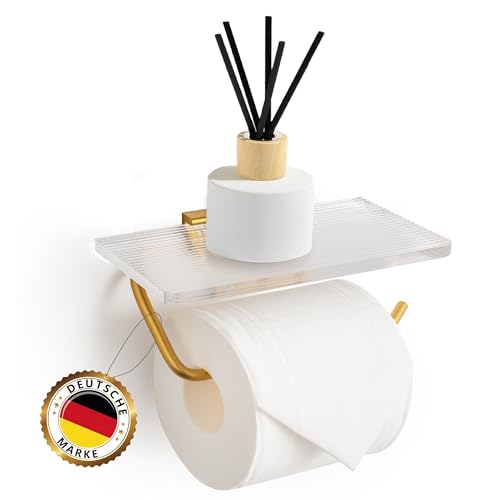 1Hive Toilettenpapierhalter ohne Bohren [sofort anwendbar] Klorollenhalter selbstklebend/Schraubmontage mit Ablage WC Rollenhalter Klopapierhalter luxuriös für Aufbewahrung 17x10CM (Gold) von 1HIVE