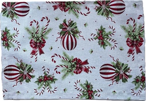 1KDreams Set mit 4 amerikanischen Weihnachtstisch-Tischsets. Schleifen Kugeln Fichte auf weißem Hintergrund. Shabby Chic im modernen Schlüssel. Made in Italy. (Weiß Schleifen, Set 4-30 x 45 cm) von 1KDreams