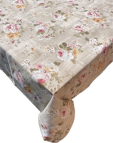 1KDreams Tischdecke – Florale Tischdecke mit rosafarbenen Rosen und beigem Hintergrund – elegante Tischdecke Shabby Chic – Made in Italy (Rosa, 130 x 130 cm) von 1KDreams