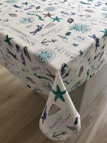 1KDreams Tischdecke Meer Nautischer Stil Shabby Chic mit Muscheln und Seesternen, Made in Italy, rechteckig (Grün, 130 x 130 cm) von 1KDreams