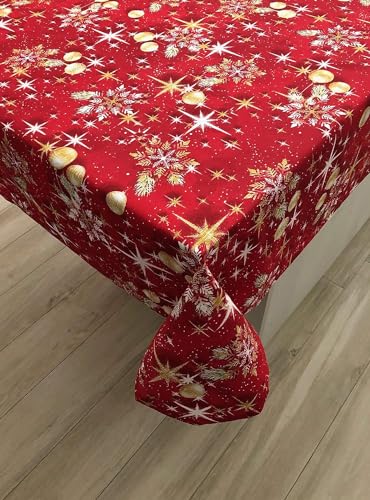 1KDreams Tischdecke Mitteldecke Weihnachten Hintergrund rot Kugeln Sterne und Blätter Gold Klassisches Design im modernen Schlüssel. (90x90cm) von 1KDreams