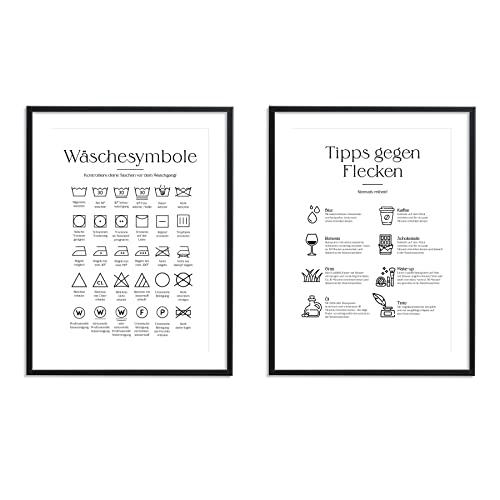 1M® Poster - Badezimmer Deko Bilder - hochwertiger Kunstdruck - schwarz weiß Wandbilder - WC Deko - 2x DIN A4 Wäschepflege - Geschenkidee von 1M