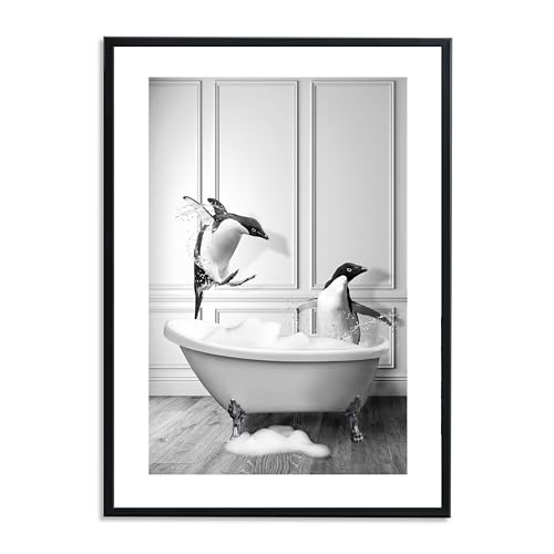 1M® Poster - Badezimmer Deko Bilder - hochwertiger Kunstdruck - schwarz weiß Wandbilder - WC Deko - DIN A4 Pinguin von 1M