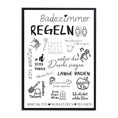 1M® Poster - Badezimmer Deko Bilder - hochwertiger Kunstdruck - schwarz weiß Wandbilder - WC Deko - DIN A4 Regeln - Geschenkidee von 1M