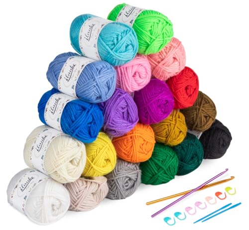 20 Farben Handstrickgarn, 600g (20x30g) 4-Fädig Handstrickgarn Acrylgarn Häkelgarn Set mit 2 Häkelnadeln+2 Nähnadeln+8 Markierungsschnallen Tragetasche zum Häkeln und Kunsthandwerk von 1Plusselect