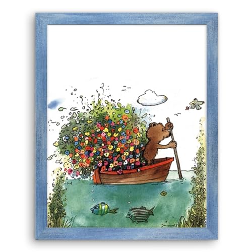 Blumen-Fähre Kunstdruck von Janosch 48 x 58 cm im Hellblau gewischten Rahmen fertig eingerahmt Aussenformat 52 x 62 cm mit bruchsicherem Antireflex Acrylglas von 1a Bilderrahmen