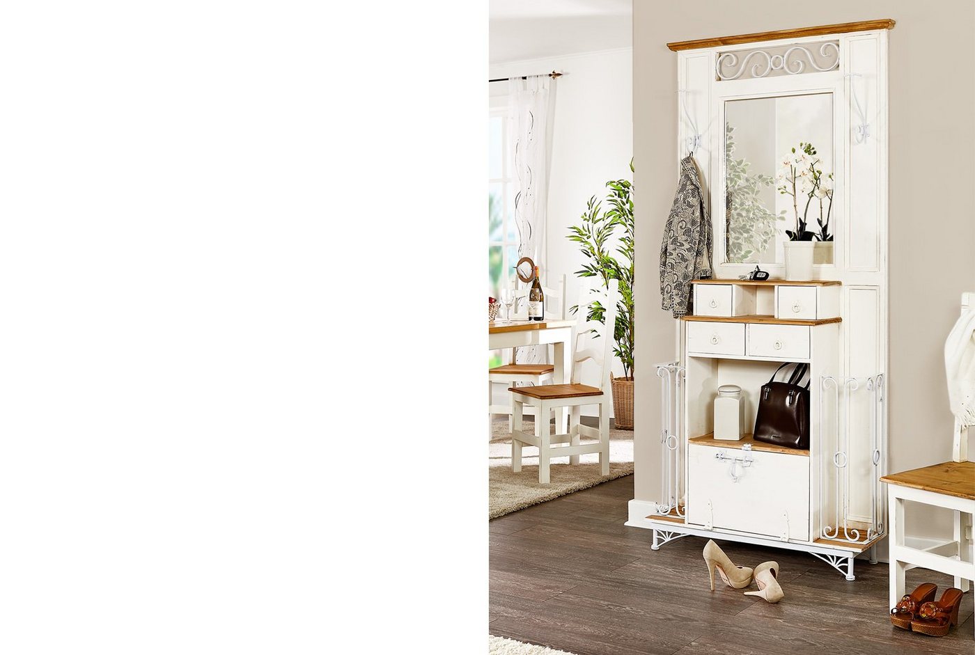 1a Direktimport Kompaktgarderobe Landhausstil Garderobe mit Spiegel - Pinie weiß natur Massivholz von 1a Direktimport