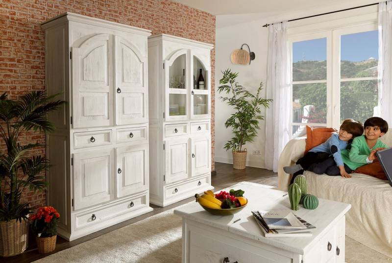 1a Direktimport Vitrine Landhaus Vitrine Schrank MEXICO - Pinie weiß antik - Massivholz Shabby von 1a Direktimport