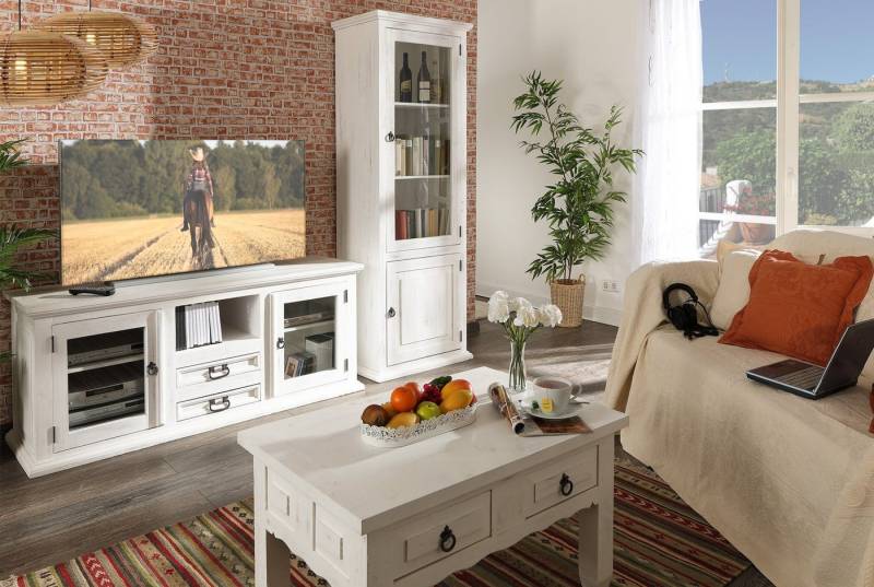 1a Direktimport Vitrine Vitrine Glasschrank MEXICO Weiß Antik - Pinie massiv, Landhaus Möbel von 1a Direktimport
