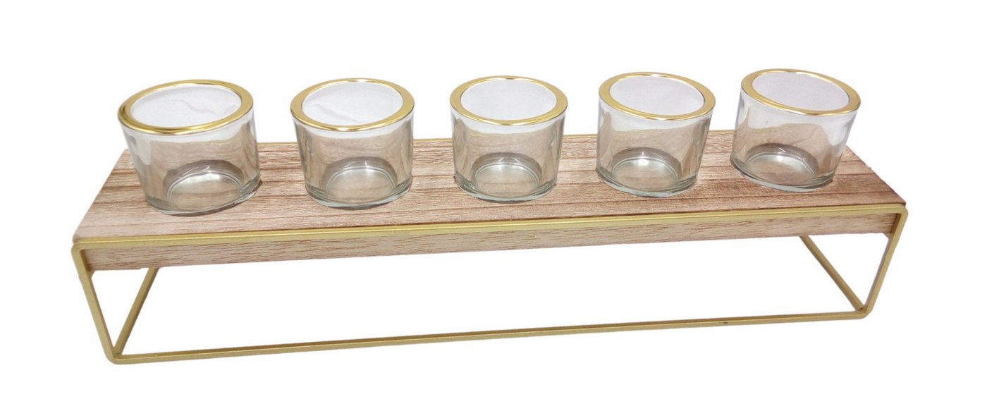 BURI Kerzenständer Teelichthalter aus Holz und Metall mit 5 Gläsern Holztablett Windlicht von BURI