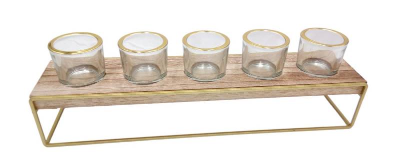 BURI Kerzenständer Teelichthalter aus Holz und Metall mit 5 Gläsern Holztablett Windlicht von BURI