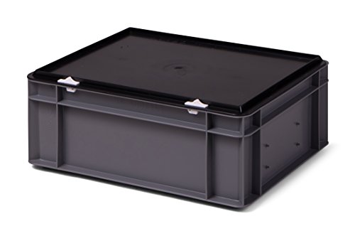1a-TopStore Kunststoff-Stapelbox/Lagerbehälter, grau, mit Deckel, 400x300x156 mm (LxBxH), stabile Industrie-Ausführung, Stapelkiste Stapelkasten Aufbewahrungsbox von 1a-TopStore