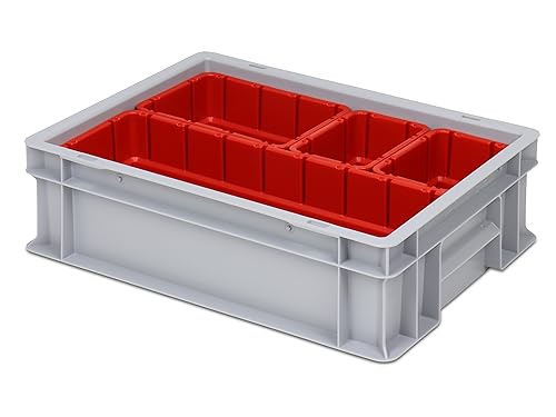 Einsatzkasten Einteilungs-Set für Eurobehälter, Schubladen mit Innenmaß 362x262 mm (LxB), 102 mm hoch, verschiedene Größen/Farben (4er Mix Set inkl. Box, rot) von 1a-TopStore
